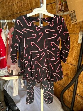 The Children's Place Black Holiday Candy Cane Dress & Leggings Set